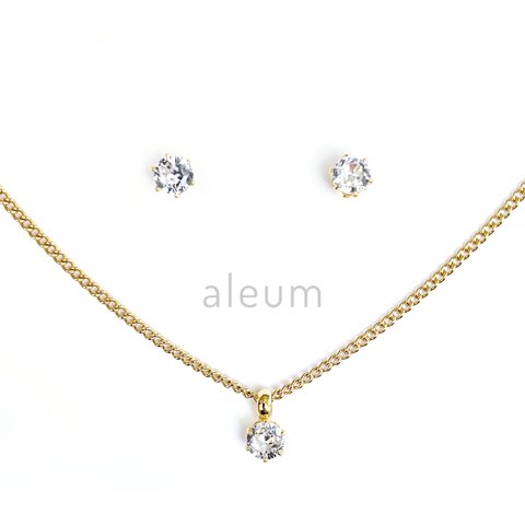 2点セット1粒ダイヤ風 3mmジルコニア ネックレス & ピアス 極細 華奢 1mm 喜平チェーン 金属アレルギー対応 サージカルステンレス シンプル ゴールド サイズオーダー可 SUS316L