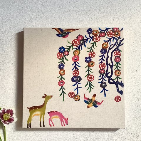 【日本国内送料無料】手染め紅型/枝垂れ桜を見上げる親子鹿のスクエアファブリックパネル/30cm×30cm