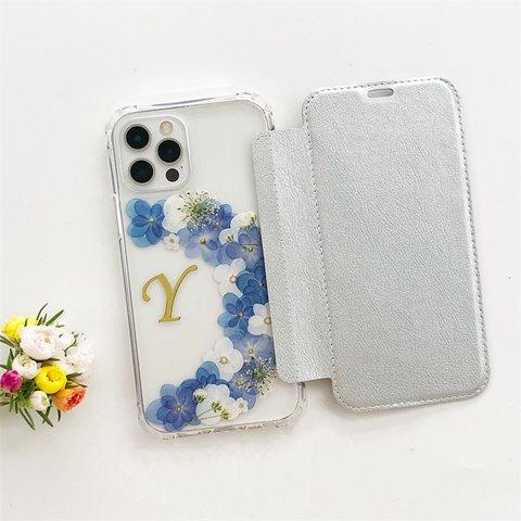 かすみ草と紫陽花 押し花【手帳型スマホケース】 iPhoneケース iPhone14Pro/13Pro/12Pro/SE/11Pro/XR/XS/8/7