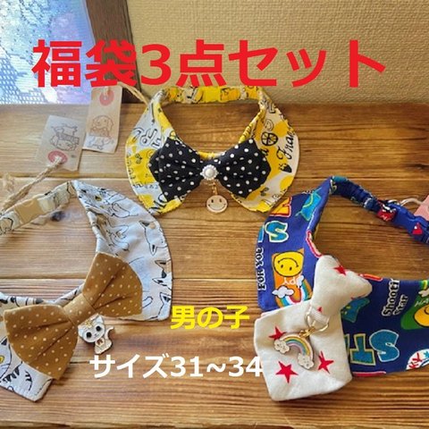 犬・猫の首輪　31～34　cocoちゃんチョーカー　男の子⑤猫柄他　福袋3点セット　画像の現品