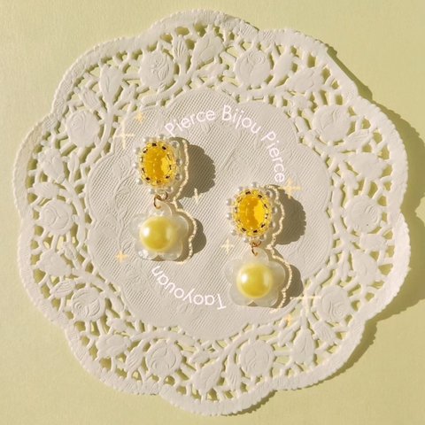 パール ビジューフラワー［Yellow］パステルカラー ガーリー ビーズ刺繍 フレーミング