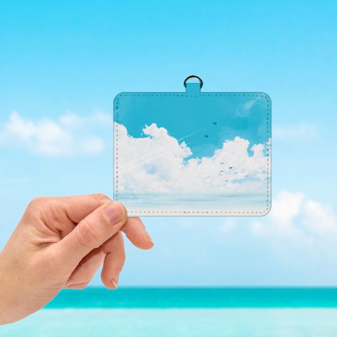 青空と海と飛行機雲の選べるカードケース ネックストラップ付き・ボールチェーン付き パスケース