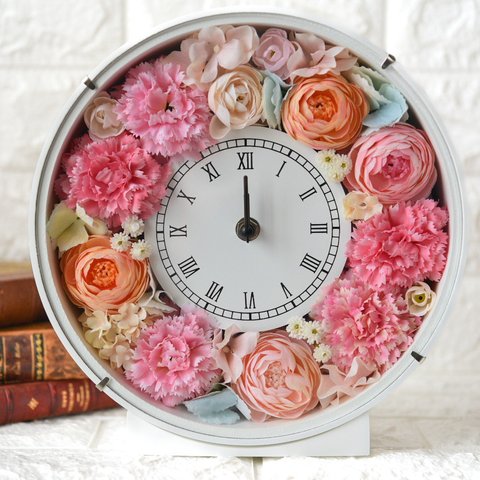 ピンク＆コーラルのカーネーション、ラナンキュラスが可愛い花時計 結婚祝いや両親贈呈品、還暦や特別な日のギフトにも最適✨