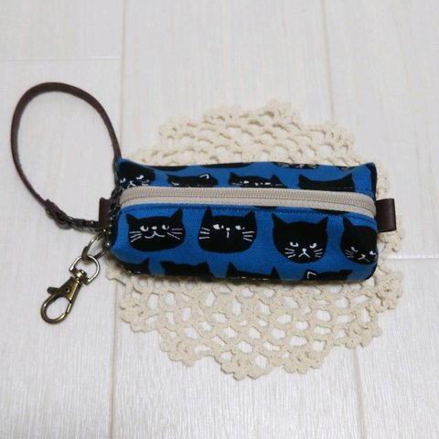 ◆再販◆ 黒猫 ブルー 猫柄  キーケース ポーチ スマートキーケース