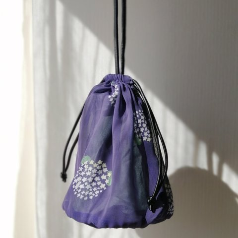 オリジナルプリント◆紫陽花のシフォンショルダーバッグ　巾着　ポーチ　JON