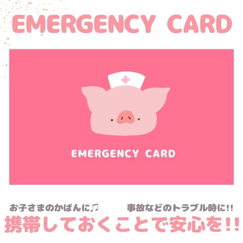 ブタのEMERGENCY CARD 1枚（緊急連絡先）5.5cm×9cm