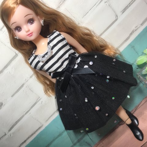 リカちゃん服ワンピース 〜黒ボーダー×チュール〜