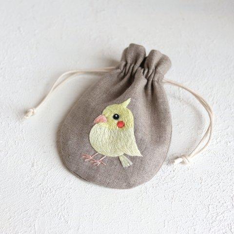 【サイズ・ポーチ変更可】オカメインコさんの刺繍リネンミニ巾着【受注生産】