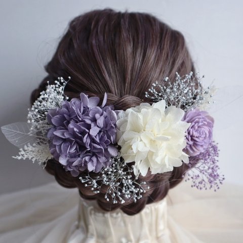 new髪飾り　紫と銀　ドライフラワー　ヘッドドレス　成人式　　卒業式　結婚式　七五三　振袖　袴　ドレス