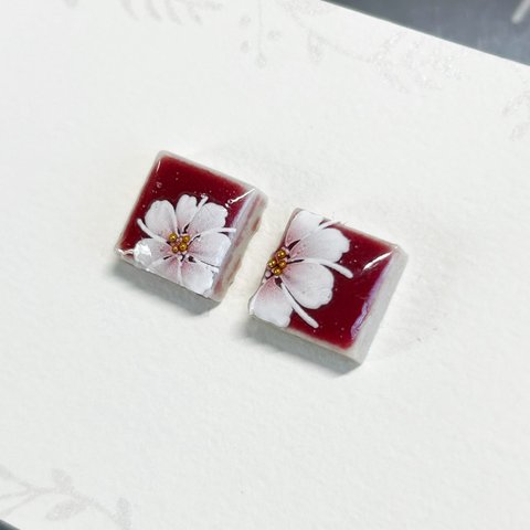 花　レトロ　フラワー　桜　春　上品　可愛い　大人　ワインレッド　美濃焼タイルピアス　イヤリング　タイル　アンティーク　花柄