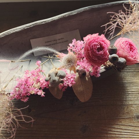 35 Dreird flowers head dress / Sweet pink & grey ヘッドドレス  ラナンキュラス スウィートピンク&グレー