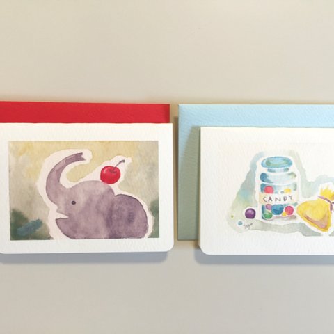🐘透明水彩画　2枚セット「幸せを呼ぶぞう 飴ちゃん」イラストミニカード　ゾウ　バースデーカード　サンキューカード　メッセージカード🍬