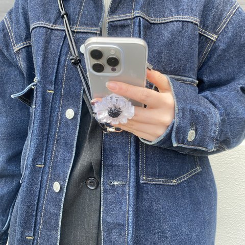 スマホグリップ　🌼マットブラックフラワー