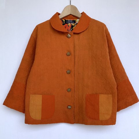 オレンジ色の木綿古布の刺し子リバーシブルジャケット