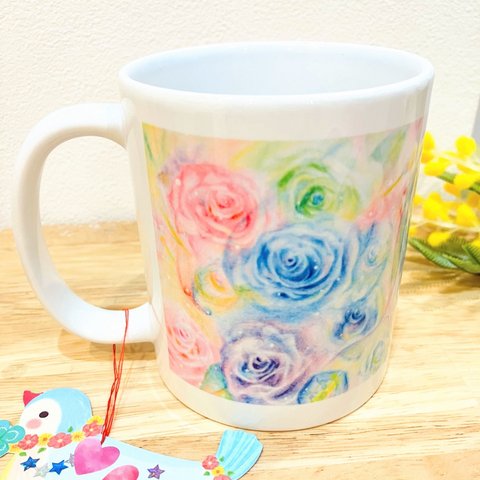 【お花シリーズ】🌈虹の薔薇のマグカップ🌹＆ 5枚のポストカードセット