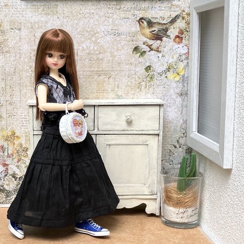 ティアードロングスカート☆(ドール服)リカちゃんブライス洋服[黒]
