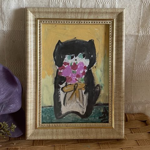 絵画。原画手描【美しい花束を抱いたかわいい猫ちゃん】04