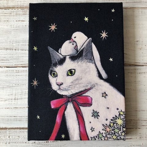 星月猫★アート「ににこ リボンの先に」猫 猫絵画　SM 複製画　木製パネル貼り　22.7cmｘ15.8cm　厚み２㎝「001」