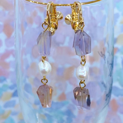 淡水パール×天然石アメトリンイヤリング/天然石アクセサリー_天然石ピアス_天然石イヤリング