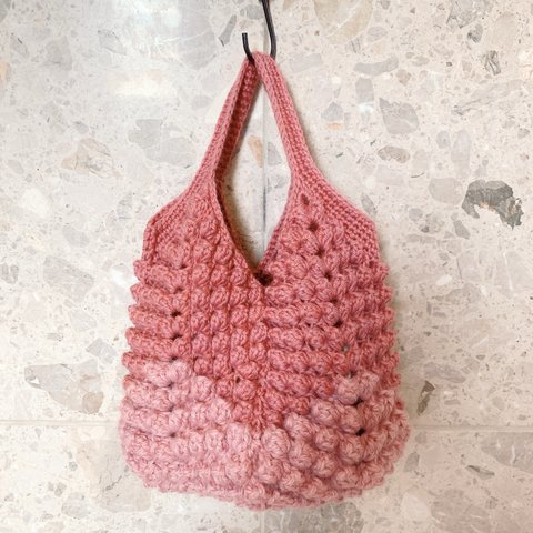 春のぽこぽこ手編みハンドバッグ/ピンク　薄ピンク