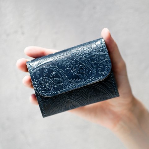 極小財布 オール 栃木レザー ペイズリー型押し コンパクト ウォレット PABLO ネイビー ミニ財布 三つ折り 本革