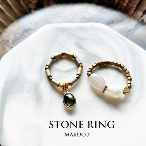 【御売約★yuinema-ma様】730→430　　　RING212-160ムーンストーン&淡水パール*ゴムリング指輪　STONE+GLASS+HEMAITE　送料無料