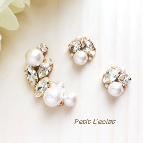 クリスタルLeaf×ホワイトコットンpearl bijouイヤーカフ3点set