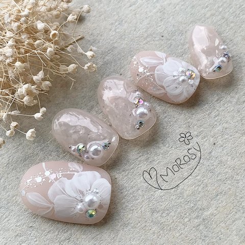 MOROSY229☆ブライダル ウェディング 花 シンプル 結婚式 花嫁 パール ネイル チップ ネイルチップ ドレス ベージュ ナチュラル ヌーディ