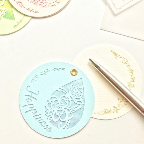 雫の切り絵 happinessカード スライドカード ヨガ好き 水色 メッセージカード お祝い