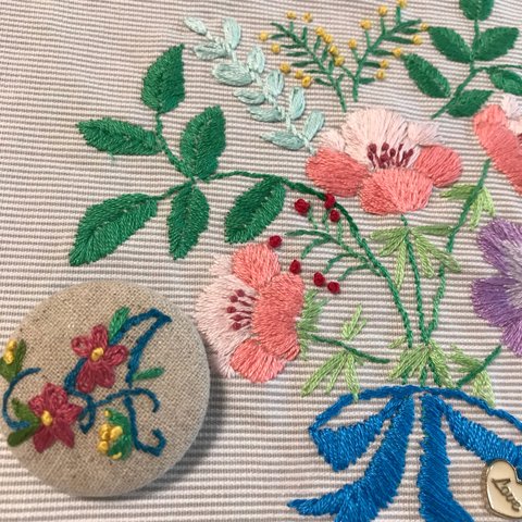 イニシャルA 花文字 手刺繍 くるみボタン ブローチ