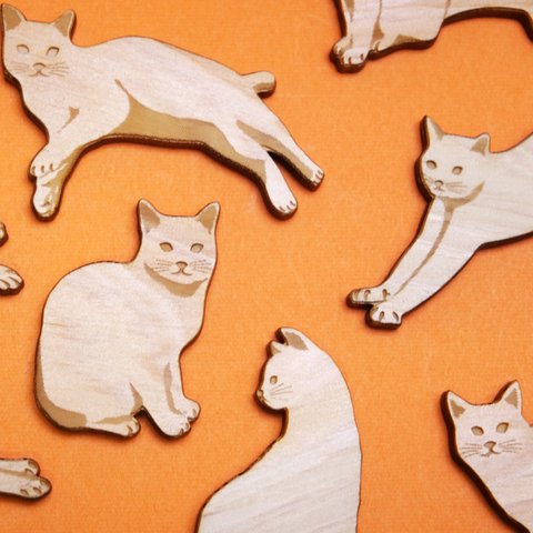 猫 シール　天然木 ヒノキに彫刻　16点セット 　ネコ
