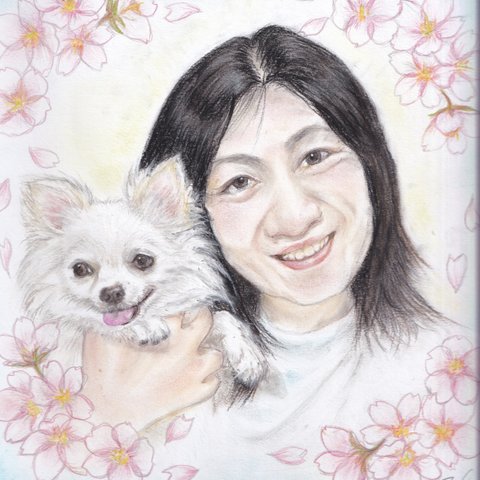 奥様と愛犬　パステル画