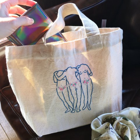 the three graces embroidery tote