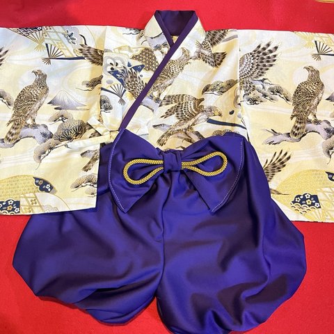 鷲鷹富士山　紫パンツ　お祝い着　ハンドメイド男児80