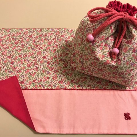 花柄ピンク　ランチョンマット＆お弁当袋F