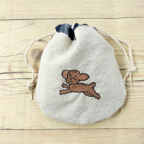 飛行犬プードル刺繍のぷくぷくミニ巾着  Ｂ