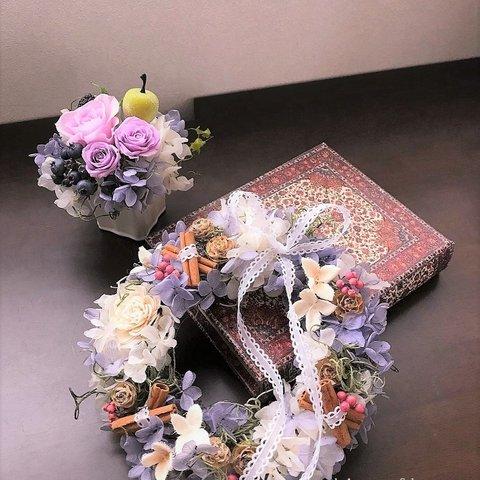 ラベンダーカラーの紫陽花リース(リースＢＯＸ付き）