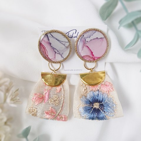 2wayイヤリング インクアート&刺繍リボン c280