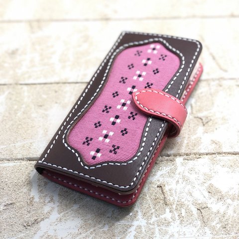 iPhone＆android　スマホケース　手帳型　ブラウン（限定色）×ピンク×ホワイト　知花織ピンク　（織物シリーズ）