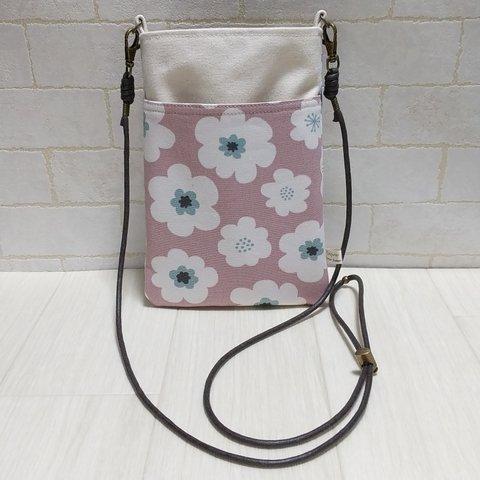 ◆再販◆ 北欧調 フラワー くすみピンク×生成り帆布 花柄 スマホ ポシェット サコッシュ    