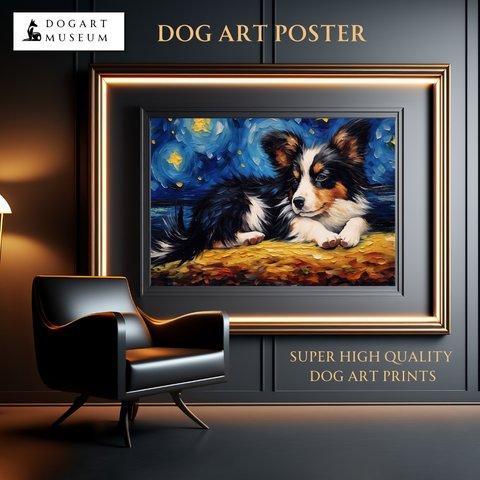 【星降る夜 - パピヨン犬の子犬 No.2】A2アートポスター 犬の絵 犬の絵画 犬のイラスト