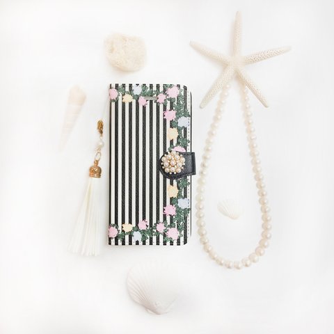 pajour  モノトーン ストライプ パステル  ローズ 刺繍 柄 手帳型 スマホケース【薔薇】iphoneX/Xperia/plus/iphone8/xz/SC-04/AQUOS/Android