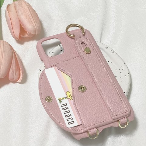 ショルダーストラップ付き　ベルト＆カードポケット　スマホケース　iPhoneケース　ピンク