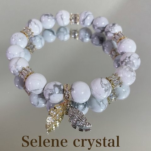 天然石ブレスレット　ハウライト　ブレスレット　上品　大人かわいい　リーフモチーフ　Selene crystal