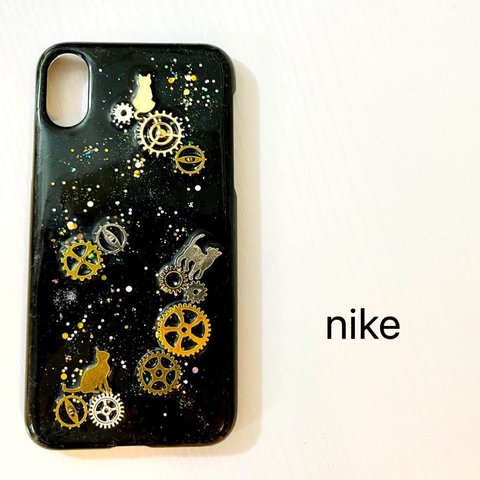 歯車と猫 宇宙柄 スマホケース iPhoneケース 