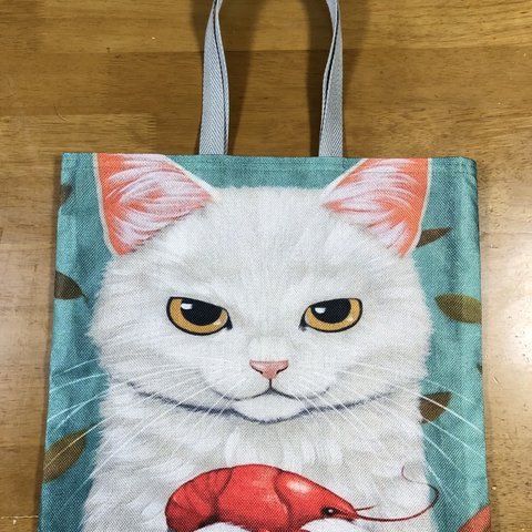 ハンドメイド ぺたんこBig猫柄トートバッグ ネコとロブスター