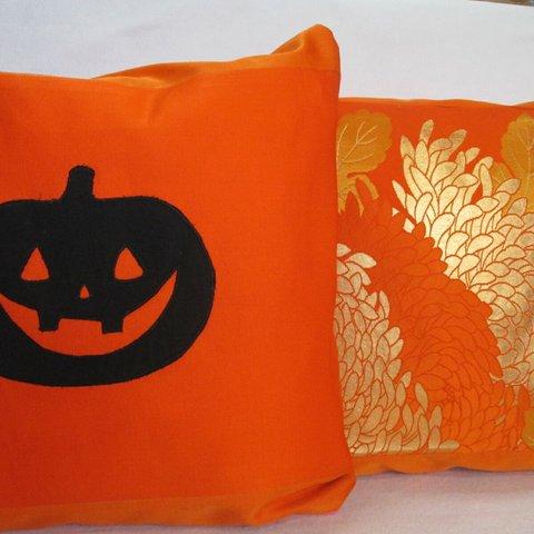 52　ハロウィン&花  リバーシブル　インテリア　ｸｯｼｮﾝカバー（座布団） おしゃれ　40x40cm ﾌｧｽﾅｰ 