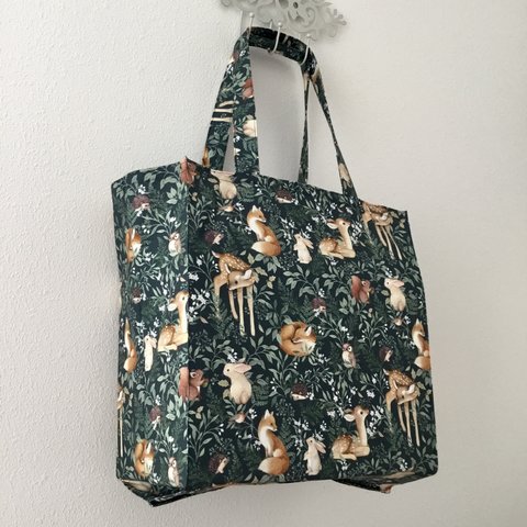 春の森エコバッグ、森の動物赤ちゃんタイト・アンド・タイディ・トートバッグ、Forest Animal Babies Tight ‘n’ Tidy Tote Bag, Eco bag, うさぎ、狐、シカ