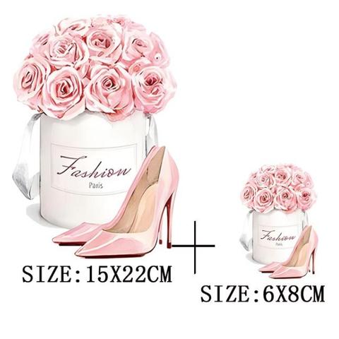 アイロン転写シート「ピンクの靴と薔薇」大小２枚セット　花　FLOWER　BOX　バラ
