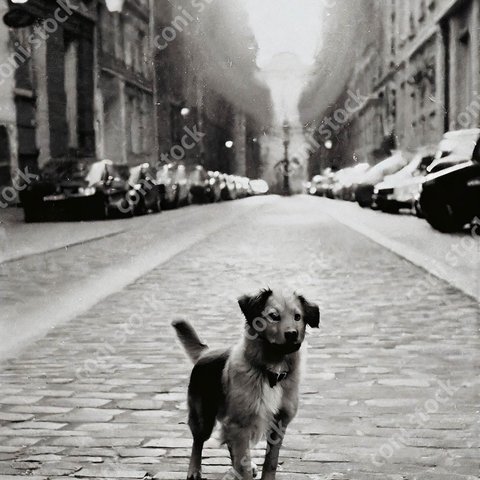 パリのイメージ、道路に犬がいる、レトロ、モノクロ、アート、古びた写真、conistock_27292